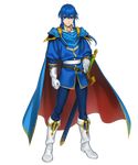  armor bangs belt blue_eyes blue_hair boots cape celice_(fire_emblem) fire_emblem fire_emblem:_seisen_no_keifu fire_emblem_heroes full_body gloves hand_on_hip headband highres ipev long_hair male_focus official_art pants ponytail sheath shoulder_armor sidelocks solo standing sword transparent_background tyrfing_(fire_emblem) weapon 