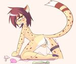  2016 after_sex anthro anus blush brown_hair butt cheetah condom feline female filled_condom fur green_eyes hair hi_res looking_at_viewer mammal pawpads paws pussy sex_toy simple_background solo teeth vibrator white_background yellow_fur yukihyo_(artist) 