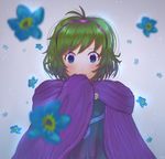  blue_eyes cloak covered_mouth fire_emblem fire_emblem:_rekka_no_ken floral_background flower green_hair hairband lijupy looking_at_viewer nino_(fire_emblem) petals purple_hairband solo 