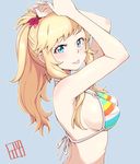  :p arms_up bikini bikini_top blonde_hair blue_background blue_eyes bowieknife breasts flower from_side hair_flower hair_ornament idolmaster idolmaster_cinderella_girls large_breasts long_hair looking_at_viewer multicolored multicolored_bikini multicolored_clothes o-ring o-ring_top ootsuki_yui ponytail sideboob sidelocks simple_background solo striped striped_bikini swimsuit tongue tongue_out 