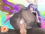  1boy 1girl anal artist_name ass breasts bunny_ears camilla clothed_sex clothes easter female fire_emblem fire_emblem_fates fire_emblem_heroes glazinbuns gloves hetero holiday male open_mouth penis purple_eyes purple_hair pussy sex spring text 