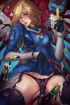 absurdres alcohol blonde_hair blue_eyes blush bow bow_panties champagne ctrlz77 eyelashes garter_belt gloves head_tilt highres lips looking_to_the_side mechanical_wings mercy_(overwatch) overwatch overwatch_(logo) panties presenting pussy see-through skirt skirt_lift solo spread_legs suggestive_fluid syringe underwear vambraces wings 
