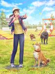  anbe_yoshirou animal_request blue_sky brown_hair building cloud cloudy_sky commentary_request day dog full_body grass hat highres jacket long_sleeves open_clothes open_jacket outdoors pants pointing ponytail red_collar shiba_inu shirt shoes sky sneakers solo standing sunlight sweatpants tree whistle white_hat yellow_shirt 