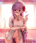  bb_(fate)_(all) bb_(fate/extra_ccc) bb_shot! bespectacled blush breasts cleavage cuffs fate/extra fate/extra_ccc fate/grand_order fate_(series) glasses hair_ribbon handcuffs hat heart highres kaerunoko large_breasts long_hair looking_at_viewer nurse nurse_cap panties purple_eyes purple_hair ribbon shiny shiny_skin solo sweat syringe underwear very_long_hair white_panties wrist_cuffs 