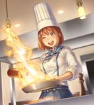  ;d anbe_yoshirou blue_neckwear blue_skirt bottle brown_eyes brown_hair buttons chef_hat chef_uniform cooking double-breasted dutch_angle fire from_below frying_pan hanging_light hat highres holding holding_bottle indoors kitchen light long_sleeves neckerchief one_eye_closed open_mouth pepper_shaker pouring round_teeth sajima_yumi school_girl_strikers shirt short_hair skirt sleeves_rolled_up smile solo stove striped striped_neckwear teeth toque_blanche v-shaped_eyebrows white_shirt 