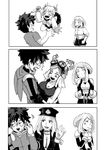  3koma 4girls angry blush boku_no_hero_academia breasts cleavage clenched_teeth comic greyscale half-closed_eyes hatsume_mei highres jealous knife large_breasts midoriya_izuku monochrome multiple_girls open_mouth sad school_uniform senhiki-ya surprised sweatdrop teeth toga_himiko uraraka_ochako utsushimi_kemii wavy_mouth wide-eyed 