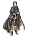  belt black_hair book cape cloak crossed_arms facial_mark fire_emblem fire_emblem:_akatsuki_no_megami fire_emblem:_souen_no_kiseki fire_emblem_heroes forehead_mark full_body haru_(toyst) highres long_hair male_focus official_art red_eyes sandals solo soren transparent_background 