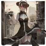  agent_(girls_frontline) black_hair black_legwear building character_name cityscape copyright_name double_bun dress dress_lift echosdoodle explosive garter_straps girls_frontline gloves grenade looking_at_viewer maid maid_headdress sangvis_ferri signature smile solo thighhighs weapon 