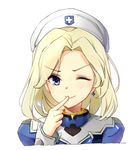  &gt;:) ;) bad_id bad_pixiv_id blonde_hair blue_eyes blush bodysuit combat_medic_ziegler commentary_request cross cross_earrings cross_print earrings eyebrows_visible_through_hair eyeshadow finger_to_mouth hamster_(hanmster) hat highres jewelry long_sleeves makeup mercy_(overwatch) nurse_cap one_eye_closed overwatch shiny shiny_hair short_hair simple_background single_earring sketch smile solo upper_body v-shaped_eyebrows white_background 