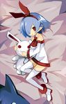  bed_sheet blue_hair bow crestquest detached_collar detached_sleeves disgaea dress from_above hair_bow hair_over_one_eye hairband looking_at_viewer lying miniskirt necktie on_side pleinair pointy_ears red_bow red_eyes red_hairband red_neckwear same-san shoes short_hair skirt stuffed_animal stuffed_bunny stuffed_toy thighhighs usagi-san very_short_hair white_dress white_footwear white_legwear 