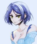  bangs blue_hair bra_strap breasts cleavage commentary_request eyebrows_visible_through_hair hayami_kanade idolmaster idolmaster_cinderella_girls ishida_akira jewelry large_breasts necklace parted_bangs short_hair smile solo unbuttoned upper_body yellow_eyes 