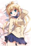  :o air arm_behind_back bangs beige_jacket blazer blonde_hair blue_eyes blue_skirt blue_sweater blush bow clannad company_connection contrapposto cosplay cowboy_shot eyebrows_visible_through_hair hair_between_eyes hair_bow hair_ribbon hand_behind_head head_tilt high_ponytail hikarizaka_private_high_school_uniform jacket kamio_misuzu key_(company) long_hair looking_at_viewer mauve outstretched_arms parted_lips pleated_skirt ponytail ribbon sailor_collar school_uniform sidelocks skirt solo spread_arms standing sweater very_long_hair white_bow white_ribbon white_sailor_collar 