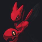  4_wings black_sclera claws dark_background high_contrast insect_wings low_res multi_wing nintendo pok&eacute;mon red_eyes red_skin scizor simple_background solo stare video_games wings zaikudo 