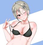  bikini bikini_top black_bikini_top black_eyes breasts demio grey_hair hair_between_eyes highres idolmaster idolmaster_cinderella_girls looking_at_viewer medium_breasts one_eye_closed shiomi_shuuko short_hair smile solo swimsuit 