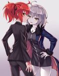  ahoge ass_visible_through_thighs black_dress black_jacket black_ribbon breasts command_spell dress eyebrows_visible_through_hair fate/grand_order fate_(series) fujimaru_ritsuka_(female) fur-trimmed_jacket fur_trim hair_ribbon hand_on_another's_hip hand_on_hip jacket jeanne_d'arc_(alter)_(fate) jeanne_d'arc_(fate)_(all) jewelry looking_at_viewer medium_breasts multiple_girls nemou pale_skin pendant ponytail red_hair ribbon short_hair wicked_dragon_witch_ver._shinjuku_1999 yellow_eyes 