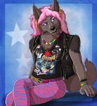  anthro belt black_fur black_nose canine clothed clothing crossed_legs ear_piercing eyelashes female fully_clothed fur grey_fur hair jacket jewelry leather leather_jacket listening long_hair looking_aside makeup mammal marjani necklace pants piercing pink_hair pockets rainbow shirt simple_background sitting solo star stripes tank_top wolf 