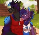  anthro blue_eyes breasts canine clothed clothing day duo female grass hair male mammal outside purple_eyes purple_hair purrchinyan smile wolf 