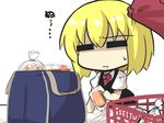  :3 =_= bag black_skirt black_vest blonde_hair bread cake chibi closed_eyes comic commentary_request cosplay food goma_(gomasamune) hair_ribbon highres holding holding_food necktie ribbon rumia shaded_face shirt shopping_bag shopping_basket short_hair short_sleeves skirt solo sweatdrop swiss_roll touhou translation_request vest white_background white_shirt 