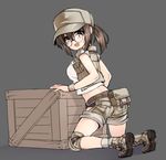  1girl ass belt blush boots box breasts brown_hair fio_germi glasses hat knee_pads kneeling kuro_(kuronell) looking_at_viewer looking_back metal_slug open_mouth ponytail shorts simple_background snk solo vest 