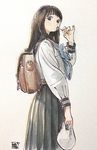  backpack bag candy food from_side hand_up highres hiro_(dismaless) lollipop long_hair looking_to_the_side muted_color nib_pen_(medium) original pinky_out plastic_bag school_uniform serafuku signature sketch skirt solo texture traditional_media watercolor_(medium) 