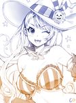  ;d artist_name bangs bare_shoulders beatrix_(granblue_fantasy) bikini bikini_top blush breasts cleavage commentary cpqm detached_collar detached_sleeves eyebrows_visible_through_hair gradient granblue_fantasy hat highres large_breasts long_hair long_sleeves looking_at_viewer midriff one_eye_closed open_mouth simple_background smile solo star strapless striped swept_bangs swimsuit teeth upper_body vertical-striped_bikini vertical_stripes white_background wide_sleeves witch_hat 