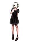  alternate_costume ankle_lace-up arm_behind_back black_dress black_hairband blindfold blush breasts cleavage collarbone covered_eyes cross-laced_footwear cup dress drinking drinking_straw facing_viewer full_body hairband high_heels highres jun_(seojh1029) neck_ribbon nier_(series) nier_automata open_toe_shoes puffy_short_sleeves puffy_sleeves ribbon shoes short_hair short_sleeves silver_hair simple_background small_breasts solo standing white_background yorha_no._2_type_b 