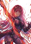  armor bodysuit breasts covered_navel fate/grand_order fate_(series) gae_bolg highres holding holding_weapon large_breasts long_hair looking_at_viewer parted_lips polearm purple_bodysuit purple_hair red_eyes scathach_(fate)_(all) scathach_(fate/grand_order) shoulder_armor solo spear very_long_hair weapon yougen_kitsune 