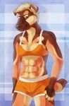  abs anthro black_nose blue_background blue_eyes bra breasts brown_skin canine claws clothing dog eyebrows female flopped_ears gym_clothing hair hand_on_thigh looking_at_viewer mammal marjani muscular short_hair shorts simple_background small_breasts smile solo standing tan_skin training_bra underwear yellow_eyes 