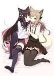  ;3 ;d animal_ears arm_around_waist bad_id bad_twitter_id bag bangs black_legwear black_ribbon black_skirt braid brown_eyes brown_hair cat_ears cat_tail cheek-to-cheek collared_shirt cushion eyebrows_visible_through_hair full_body garter_straps green_eyes hair_ribbon hand_on_another's_shoulder high-waist_skirt holding_hands long_hair looking_at_another multiple_girls no_shoes one_eye_closed open_mouth original parted_lips ribbed_shirt ribbon shirt side_braid sitting skirt smile suspenders swept_bangs tail thighhighs touzai_(poppin_phl95) very_long_hair white_background white_shirt wing_collar 