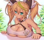  :o aqua_eyes asamura_hiori bare_shoulders blonde_hair breast_rest breasts cleavage gene_(pso2) highres huge_breasts long_hair looking_at_viewer parted_lips phantasy_star phantasy_star_online_2 solo twintails 