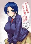  abe_inori blue_eyes blue_hair blush breasts collar large_breasts long_sleeves necktie original school_uniform short_hair skirt smile sweater translation_request 