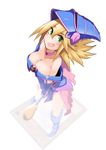  bare_shoulders blonde_hair blue_footwear blush blush_stickers boots breasts choker cleavage dark_magician_girl duel_monster green_eyes hat large_breasts long_hair open_mouth oriji_com pentacle smile solo staff wizard_hat yuu-gi-ou yuu-gi-ou_duel_monsters 