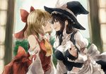  ascot bare_shoulders belly belly_peek blush bow breasts brown_hair cosplay costume_switch detached_sleeves eye_contact hair_bow hair_tubes hakurei_reimu hakurei_reimu_(cosplay) hat imminent_kiss kirisame_marisa kirisame_marisa_(cosplay) long_hair looking_at_another medium_breasts multiple_girls navel open_mouth smile touhou yellow_eyes yohane yuri 