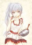  apron blue_eyes bowl cooking food kaogei_moai long_hair looking_at_viewer ponytail rwby scar scar_across_eye simple_background smile solo weiss_schnee white_hair 