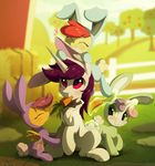  2017 apple_bloom_(mlp) carrot clothed clothing costume day detailed_background equine eyes_closed food friendship_is_magic grass green_eyes hair hioshiru horn mammal my_little_pony outside pegasus purple_hair red_hair scootaloo_(mlp) smile sweetie_belle_(mlp) unicorn vegetable wings 
