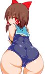  ass bangs blush bow brown_hair closed_mouth commentary_request cookie_(touhou) cowboy_shot eyebrows_visible_through_hair from_behind hair_between_eyes hair_bow hair_tubes hakurei_reimu highres looking_at_viewer looking_back marakasutintin one-piece_swimsuit red_bow red_eyes reu short_hair sidelocks simple_background solo swimsuit touhou white_background 