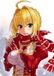  ahoge blonde_hair breasts dress eyebrows_visible_through_hair fate/extra fate_(series) gloves green_eyes hair_bun hair_intakes hair_ribbon large_breasts long_sleeves nero_claudius_(fate) nero_claudius_(fate)_(all) npcpepper red_dress red_ribbon ribbon scarf snowing solo 