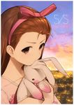  border brown_hair city city_lights cityscape closed_mouth cloud cloudy_sky collarbone dress hair_ribbon hairband hands_up highres hitoto holding holding_stuffed_animal idolmaster idolmaster_(classic) long_hair minase_iori pink_hairband pink_ribbon ribbon short_sleeves sky solo star_(sky) starry_sky stuffed_animal stuffed_bunny stuffed_toy upper_body white_border 