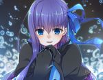 :d black_coat blue_eyes blush bubble commentary_request eyebrows_visible_through_hair fate/extra fate/extra_ccc fate_(series) hair_ribbon inose_riku long_hair looking_at_viewer meltlilith open_mouth purple_hair ribbon sleeves_past_wrists smile solo upper_body 
