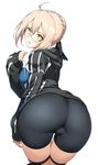  ahoge artoria_pendragon_(all) ass bent_over bike_shorts black-framed_eyewear black_jacket black_shorts blonde_hair braid breasts commentary fat_mons fate/grand_order fate_(series) fingernails from_behind glasses gym_uniform hair_between_eyes hair_bun hair_ribbon harukon_(halcon) highres hips hood hoodie jacket looking_at_viewer looking_back medium_breasts mysterious_heroine_x_(alter) open_mouth pantylines ribbon ringed_eyes semi-rimless_eyewear shorts simple_background solo thighs under-rim_eyewear white_background wide_hips yellow_eyes 