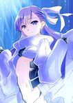  blue_eyes closed_mouth eyebrows_visible_through_hair fate/extra fate/extra_ccc fate_(series) hair_ribbon highres hijiri-tukasa long_hair meltlilith navel purple_hair revealing_clothes ribbon sleeves_past_wrists solo tile_wall tiles white_coat 