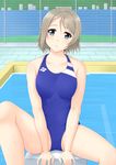  blue_eyes blue_swimsuit competition_swimsuit fence grey_hair highres looking_at_viewer love_live! love_live!_sunshine!! md5_mismatch one-piece_swimsuit parted_lips pool poolside sano_souichi short_hair sitting solo starting_block swimsuit watanabe_you wet wet_clothes wet_swimsuit 
