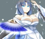  bare_shoulders blue_eyes bow breasts cleavage closed_mouth collarbone commentary_request expressionless fan folding_fan foreshortening grey_hair hair_bow holding holding_fan ice japanese_clothes large_breasts long_sleeves looking_at_viewer ryuusama senran_kagura senran_kagura_shinovi_versus short_hair solo upper_body white_bow wide_sleeves yumi_(senran_kagura) 