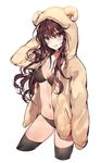  :3 animal_hood bangs black_bra black_panties blue_eyes blush bra breasts brown_hair cleavage cowboy_shot eyebrows_visible_through_hair fang hood hoodie ichinose_shiki idolmaster idolmaster_cinderella_girls joypyonn long_hair looking_at_viewer medium_breasts open_clothes open_hoodie panties sheep_hood simple_background smile solo underwear wavy_hair white_background 