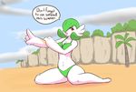  beach bikini breasts cleavage clothed clothing dialogue english_text eyelashes female gardevoir green_hair hair immortalstar nintendo open_mouth palm_tree pok&eacute;mon pok&eacute;morph red_eyes seaside solo speech_bubble swimsuit text tree video_games 