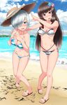  beach bikini black_hair blue_eyes breasts burusuta cloud cloudy_sky day eyes_visible_through_hair flower full_body hair_flower hair_ornament hair_over_one_eye hair_ribbon hairclip hamakaze_(kantai_collection) hat highres isokaze_(kantai_collection) kantai_collection large_breasts long_hair multiple_girls ocean outdoors red_eyes ribbon shore short_hair silver_hair sky straw_hat striped striped_bikini sun_hat swimsuit tress_ribbon 