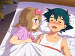  1girl bed black_hair blanket blue_eyes blush bow breath brown_hair closed_eyes collarbone commentary gen_1_pokemon hair_bow head_bump looking_at_another lying mushi_gyouza on_back on_bed on_side open_mouth pikachu pillow pokemon pokemon_(anime) pokemon_(creature) pokemon_xy_(anime) revision satoshi_(pokemon) serena_(pokemon) short_hair sleeping snoring under_covers 