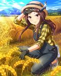  artist_request blue_sky blush brown_hair crops day dirty_clothes gloves hat holding idolmaster idolmaster_cinderella_girls komuro_chinami long_hair low_ponytail mountain official_art outdoors red_eyes sky smile solo squatting sunlight sweat 