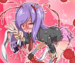  ahegao animal_ears bangs blood blood_splatter blush brown_footwear bunny_ears commentary_request cookie_(touhou) drooling eyebrows_visible_through_hair female_ejaculation gun guro hair_between_eyes hand_on_own_knee highres hisui_(cookie) holding holding_ears holding_gun holding_weapon kneehighs leaning_forward long_hair long_sleeves looking_at_viewer marakasutintin necktie nose_blush nosebleed open_mouth pink_background pink_skirt pleated_skirt purple_hair red_eyes red_neckwear reisen_udongein_inaba saliva shoes sidelocks skirt solo sparkle tears tongue tongue_out touhou trembling v weapon white_legwear 