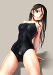  arm_support black_swimsuit blush breasts brown_eyes brown_hair competition_school_swimsuit katahira_masashi long_hair looking_at_viewer medium_breasts one-piece_swimsuit original simple_background solo swimsuit water wet 